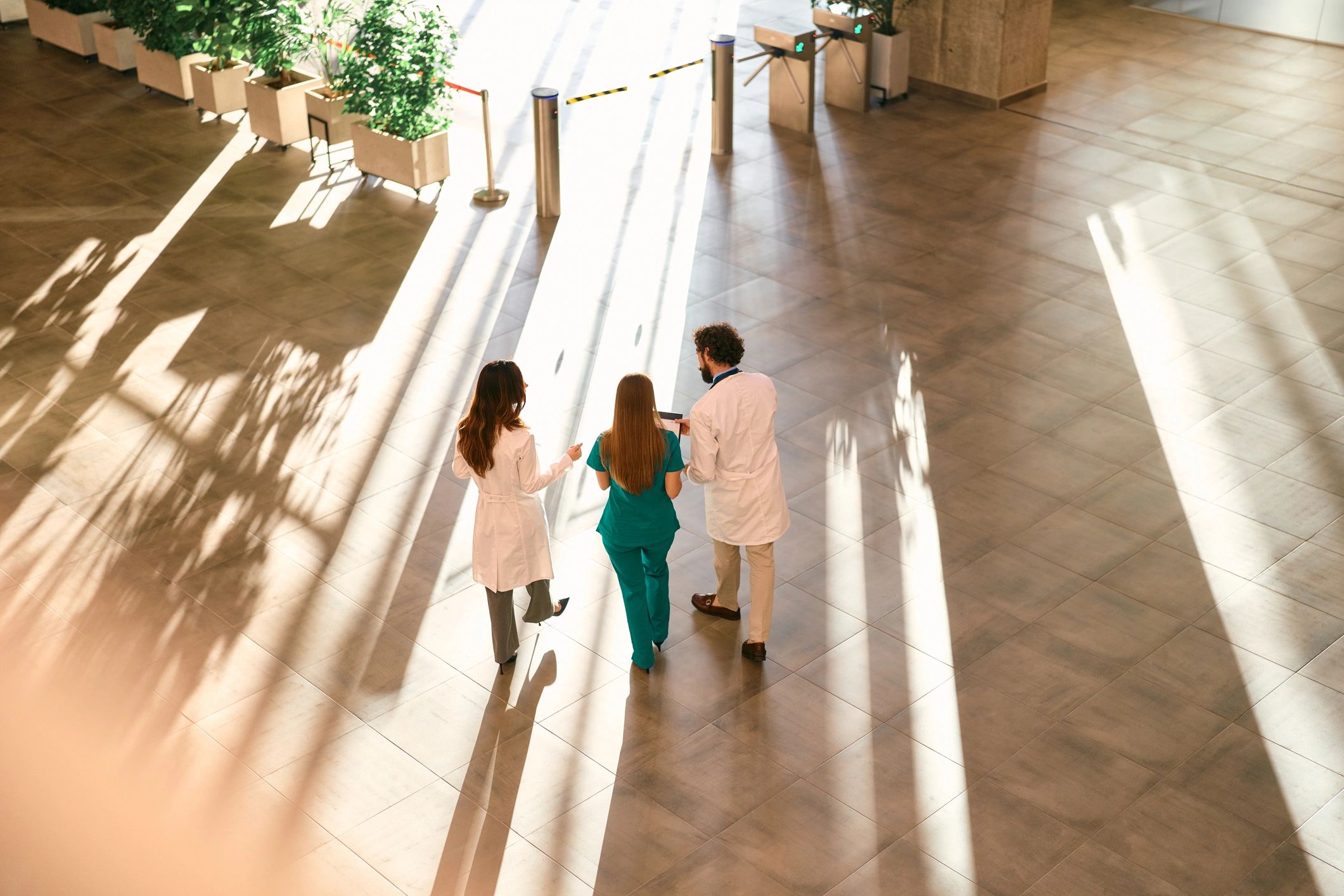 Medical team collaborating in a hospital lobby